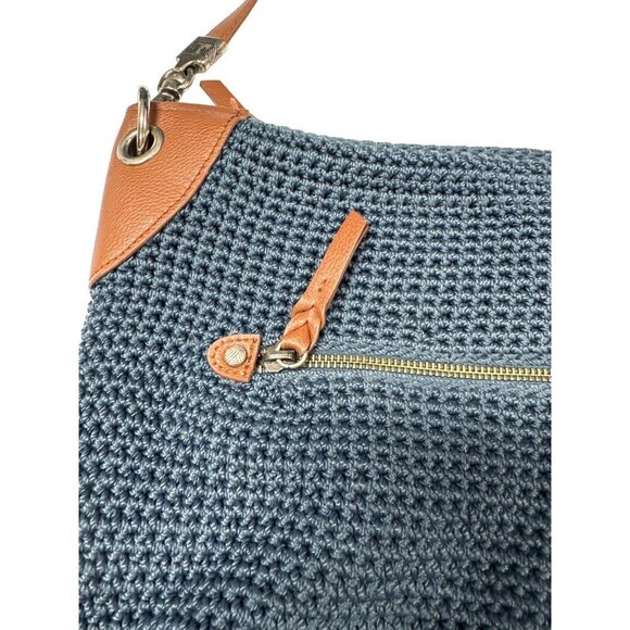 The Sak Indio Crochet Blue Knit Purse Shoulder Bag w Zipper Pockets - Picture 6 of 12